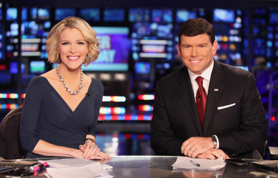 In a March 6, 2012 photo provided by Fox News, Fox News anchors Megyn Kelly and Bret Baier are seated at the anchor desk at the Fox New York Studios. Four years ago, Megyn Kelly roved the Democratic and Republican convention floors as a reporter for Fox News Channel. Starting Monday, Aug. 27, 2012, in Tampa, Fla., she'll be in Fox's booth as co-anchor with Bret Baier for the 2012 meetings. (AP Photo/Fox News, Alex Kroke)