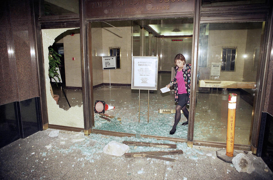 Penelope McMillan walks through shattered door