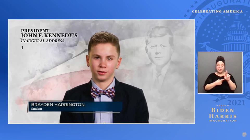 <p>Brayden Harrington, a 13-year-old boy who bonded with the president over their shared experience with stuttering, appeared in a segment to read a passage from President John F. Kennedy's 1961 <a href="https://people.com/politics/inauguration-day-most-notable-moments-in-history/" rel="nofollow noopener" target="_blank" data-ylk="slk:inaugural address;elm:context_link;itc:0;sec:content-canvas" class="link ">inaugural address</a>.</p> <p>The segment included three others reading notable parts of previous inauguration speeches, including Kareem Abdul-Jabbar.</p>