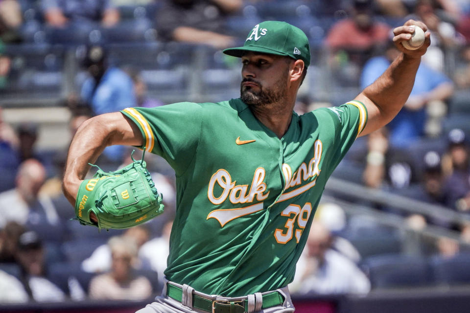 Oakland Athletics' Kyle Muller pitches during the first inning of a baseball game against the New York Yankees, Wednesday, May 10, 2023, in New York. (AP Photo/Bebeto Matthews)