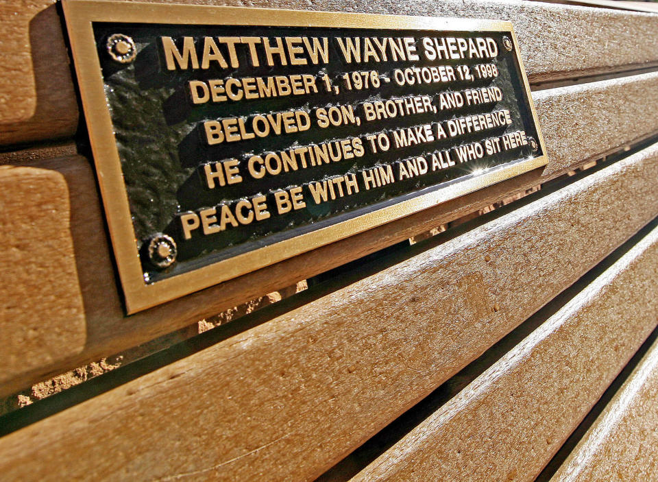 This Sept. 26, 2008 file photo shows a bench in front of the University of Wyoming Arts & Sciences building with a memorial plaque in honor of the late Matthew Shepard in Laramie, Wyo.  / Credit: Andy Carpenean / AP