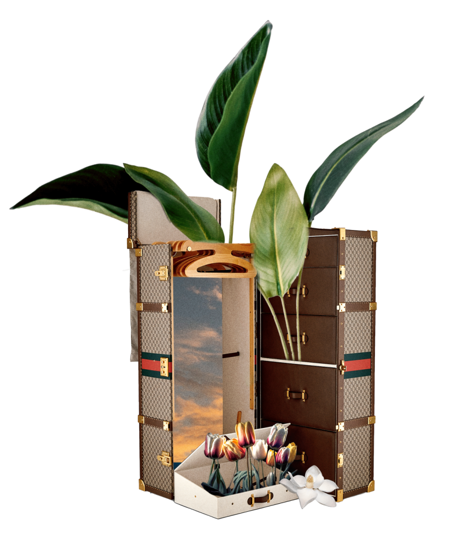 an abstract collage of an open Gucci trunk with a sky background interior and palm leaves and flowers sprouting from drawers