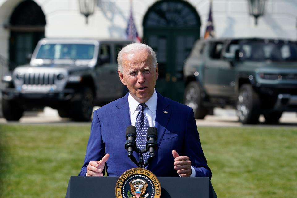 President Joe Biden speaks on the South Lawn of the White House in Washington on Aug. 5, 2021, during an event on clean cars and trucks.