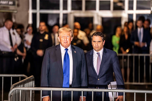 Former US President Donald Trump, center left, and Todd Blanche, attorney for former US President Donald Trump, center right, speak to members of the media after the verdict was read at Manhattan criminal court in New York, US, on Thursday, May 30, 2024. A New York jury found Donald Trump guilty of multiple felonies at his hush-money trial, making him the first former US president to be convicted of crimes. Photographer: Mark Peterson/New York Magazine/Bloomberg via Getty Images