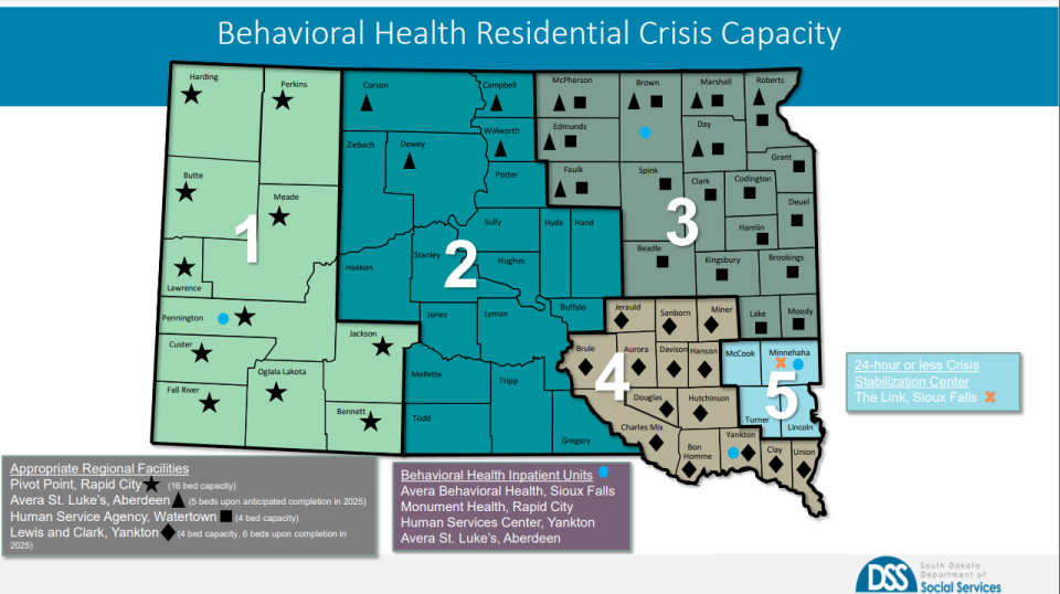 An April 2023 presentation slide from the South Dakota Department of Social Services shows a camp of residential crisis centers across South Dakota.