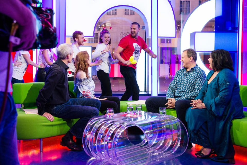 LONDON, ENGLAND - MARCH 10: (L-R) Jeremy Vine, Angela Scanlon, Paddy McGuinness, Hugh Bonneville and Gurinder Chadha. Comedian Paddy McGuinness raises money for Comic Relief by appearing on multiple TV shows in one day at The One Show, BBC New Broadcasting House on March 10, 2017 in London, England. (Photo by Jeff Spicer/Getty Images)