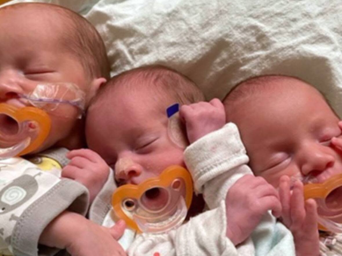 Everything was going well for the triplets for the first month. But then, as the rest of the world celebrated the start of a new year, they caught COVID-19. (Submitted by Nykia Rossignol and Laurence Fortier - image credit)