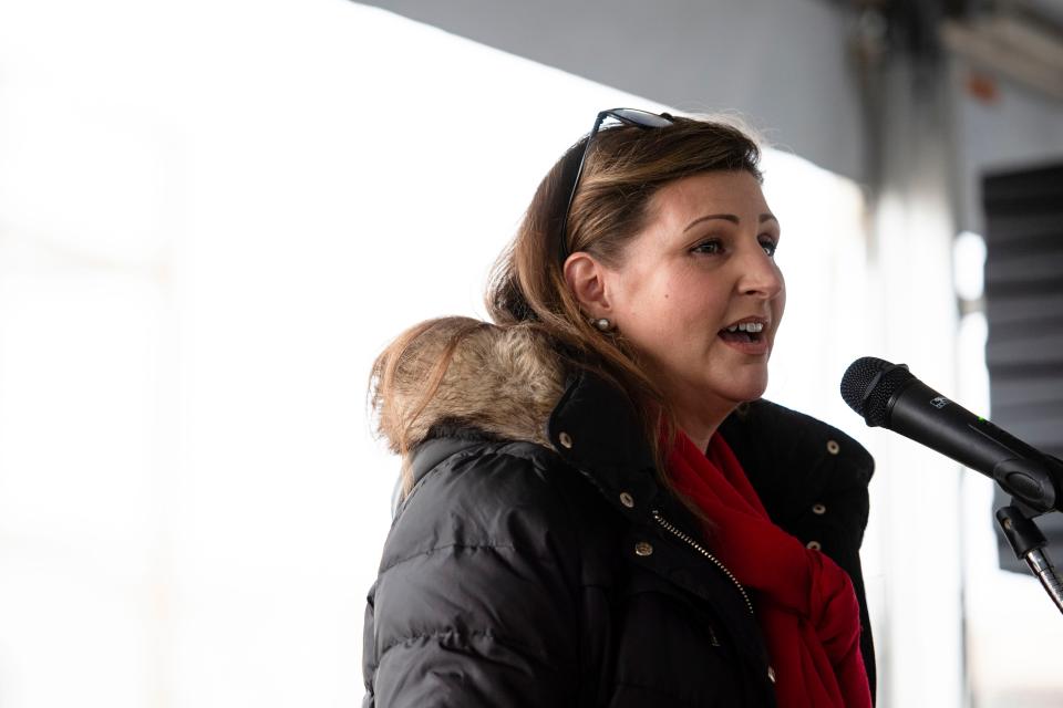 Clerk of Court Amy W. Cox speaks during the Spartanburg County Courthouse topping out celebration outside of the new courthouse on Thursday, Feb. 2, 2023. 