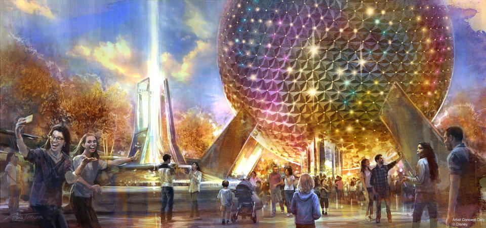 The park's entrance will be transformed with a reimagined fountain, new pathways, and sweeping green spaces that beautify the entryway while paying homage to the origins of Epcot. (Disney)