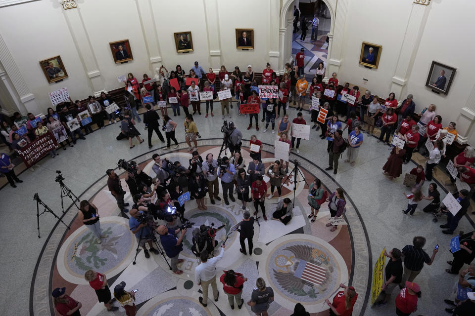 Protesters gather at the Texas State Capitol in Austin, Texas, Monday, May 8, 2023, to call for tighter regulations on gun sales. A gunman killed several people at a Dallas-area mall Saturday. / Credit: Eric Gay / AP