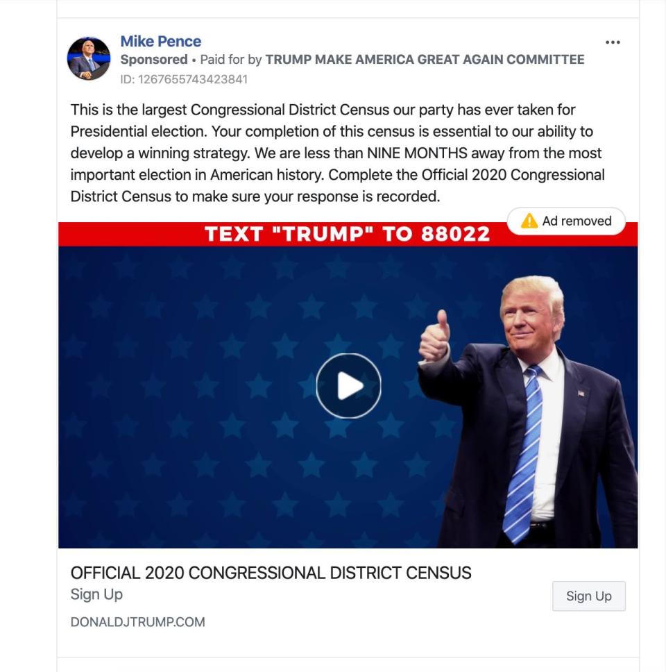 A screengrab of one of the Trump campaign's "2020 census" ads that Facebook has since removed from the platform. (Photo: Facebook)