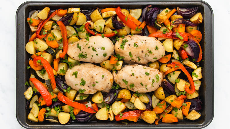 Baked chicken and veg on sheet pan