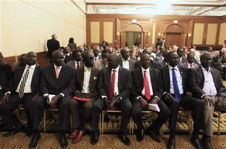 Members of South Sudan rebel delegation attend the opening ceremony of South Sudan's negotiation in Ethiopia's capital Addis Ababa, January 4, 2014. REUTERS/Tiksa Negeri