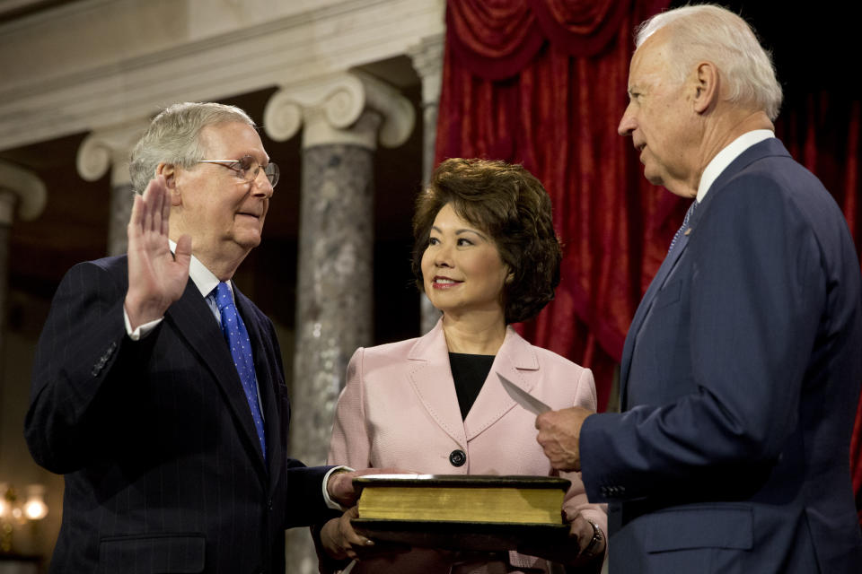 When Senate Majority Leader Mitch McConnell won reelection in 2014, it was left to then-Vice President Joe Biden to swear him in. If Biden wins the presidency, McConnell will be his biggest obstacle to policy victories. (Photo: ASSOCIATED PRESS)