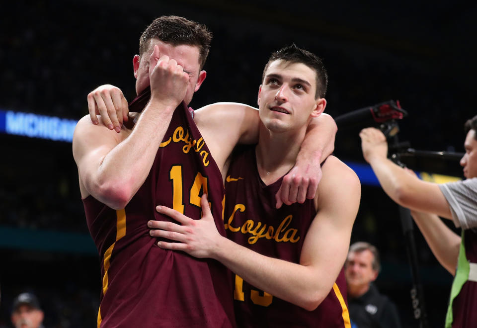 <p>Ben Richardson #14 of the Loyola Ramblers reacts after being defeated by the Michigan Wolverines during the 2018 NCAA Men’s Final Four Semifinal at the Alamodome on March 31, 2018 in San Antonio, Texas. Michigan defeated Loyola 69-57. (Photo by Tom Pennington/Getty Images) </p>