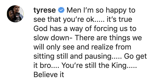 Reactions to Kevin Hart's video about his car crash recovery included one from Tyrese. (Screenshot: Kevin Hart via Instagram)