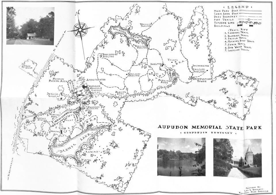 This map drawn by Leo Beckett was part of a brochure handed out to visitors during Audubon State Park's earliest years. Note the proposed swimming pool that was to have been located between Scenic Lake and the museum. (Image courtesy Audubon State Park Museum curator's office)