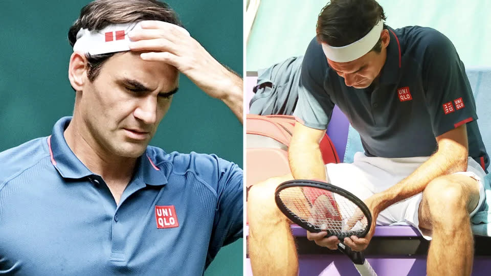 Pictured here, Roger Federer looks upset after suffering his earliest-ever exit at the Halle Open.