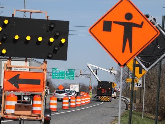 Traffic navigates a construction zone on Route 141 at I-95 in 2016.