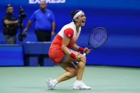 Ons Jabeur, of Tunisia, reacts after defeating Caroline Garcia, of France, during the semifinals of the U.S. Open tennis championships, Thursday, Sept. 8, 2022, in New York. (AP Photo/Frank Franklin II)