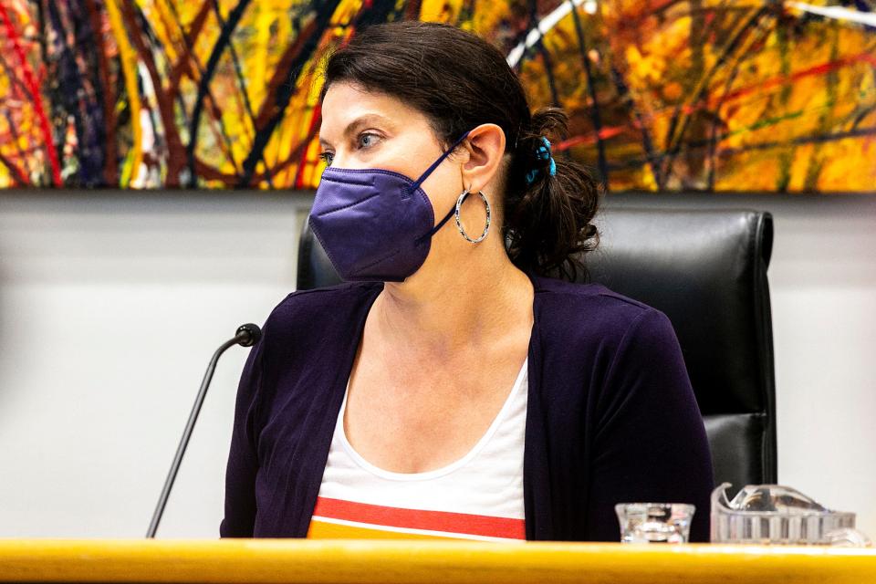 Meghann Foster, mayor of Coralville, listens during a council meeting, Tuesday, June 14, 2022, in Coralville, Iowa.