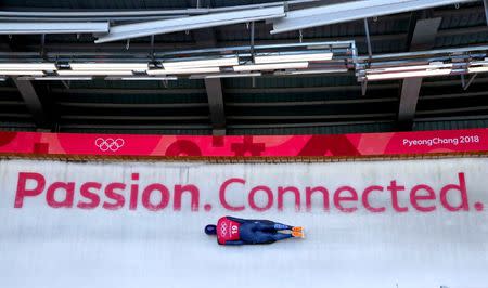 Feb 13, 2018; Pyeongchang, South Korea; Jerry Rice of Great Britain in the Men's Skeleton Men's Official Traing during the Pyeongchang 2018 Olympic Winter Games at the Olympic Sliding Center. Mandatory Credit: Peter Casey-USA TODAY Sports