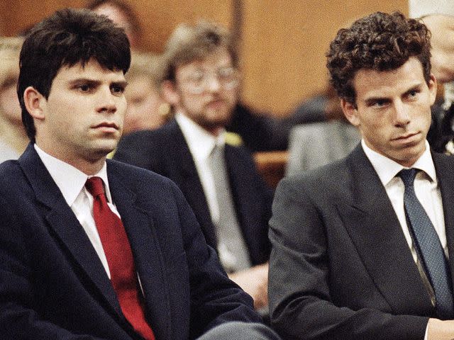 <p>AP Photo/Nick Ut</p> Lyle and Erik Menendez at the Beverly Hills Municipal Court in 1990.