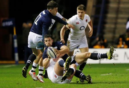 Rugby Union - Scotland v England - RBS Six Nations Championship 2016 - Murrayfield Stadium, Edinburgh, Scotland - 6/2/16 Scotland’s John Hardie tackled by England’s Joe Marler Reuters / Russell Cheyne Livepic