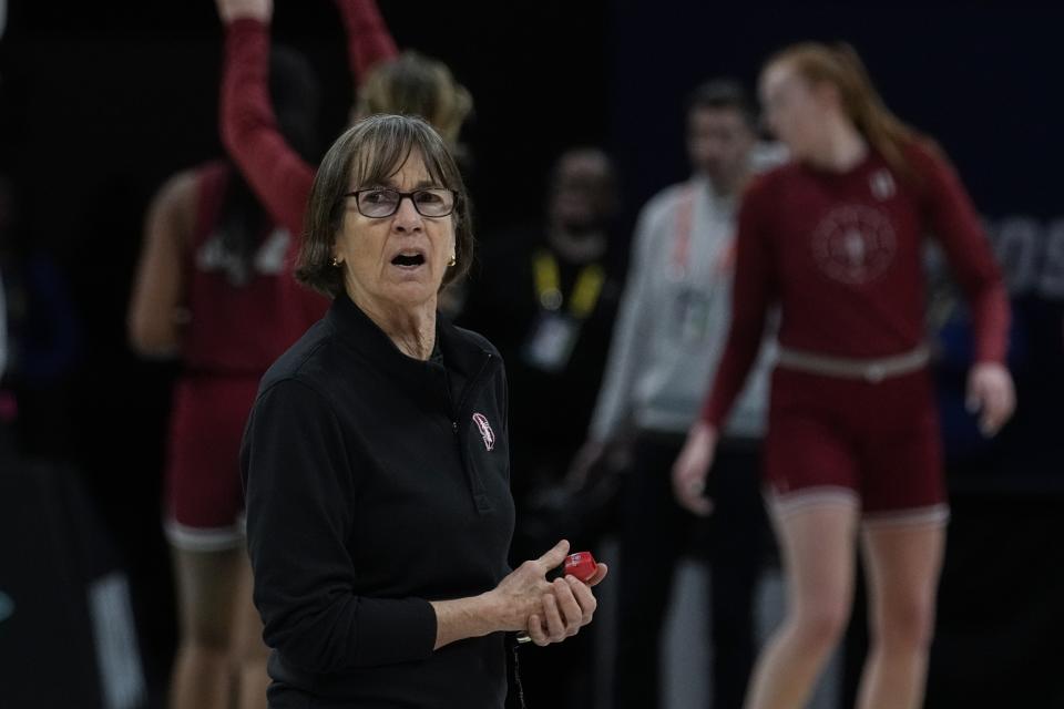 Stanford head coach Tara VanDerveer watches during a practice session for a college basketball game in the semifinal round of the Women's Final Four NCAA tournament Thursday, March 31, 2022, in Minneapolis. (AP Photo/Eric Gay)