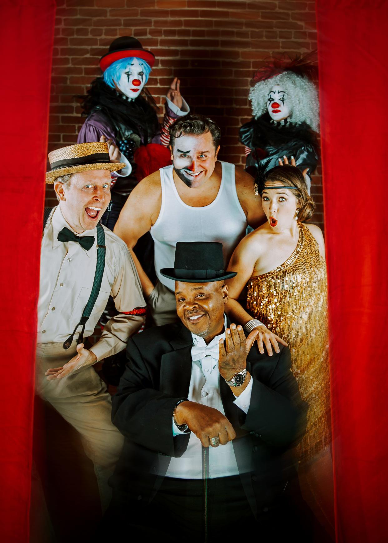 Cast members and clowns: circular, from top left: Darren Wynne, Michael Spyres, Kashena Starr, Tara Staffer-Spyres, Todd Payne and Sean Spyres.