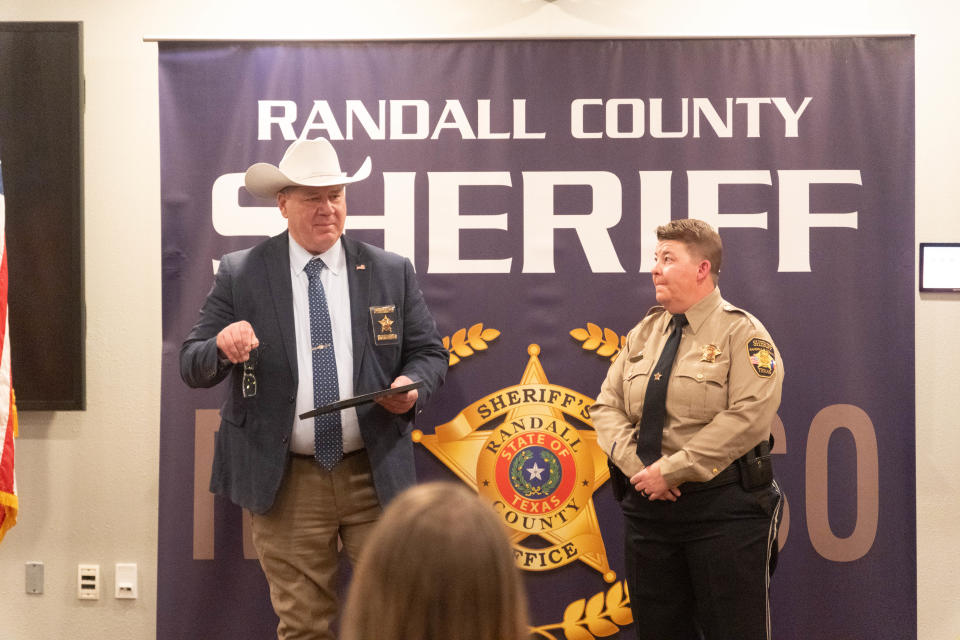 Randall County Sheriff Chris Forbis speaks about the hard work of the jail employee of the quarter Officer BJ Elrod Thursday at the Randall County Sheriff's Office outside of Amarillo.