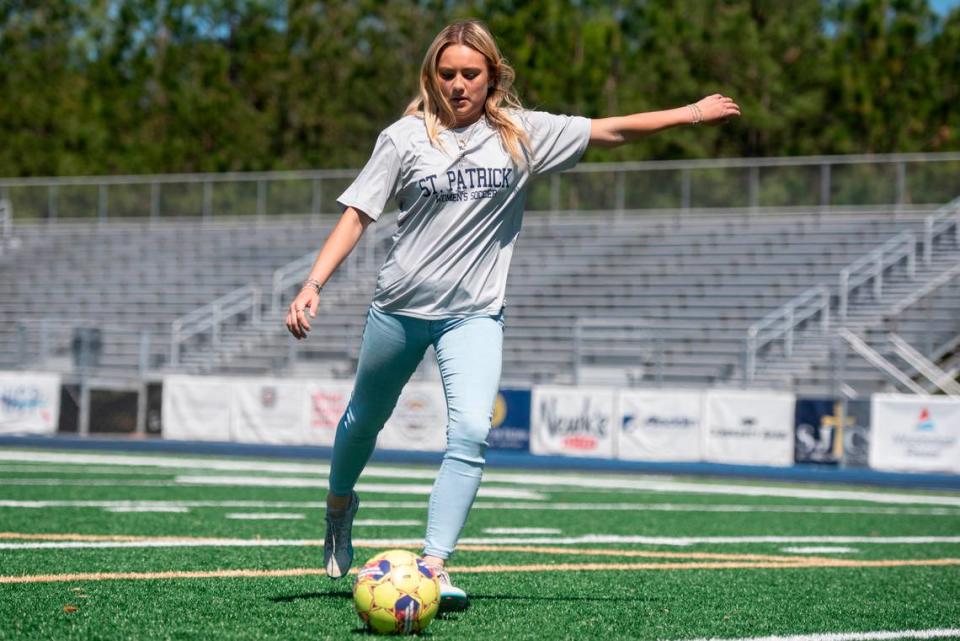 St. Patrick’s Linda Mustered, a senior who plays striker, shoots on goal during practice at St. Patrick Catholic High School on Thursday, March 28, 2024.