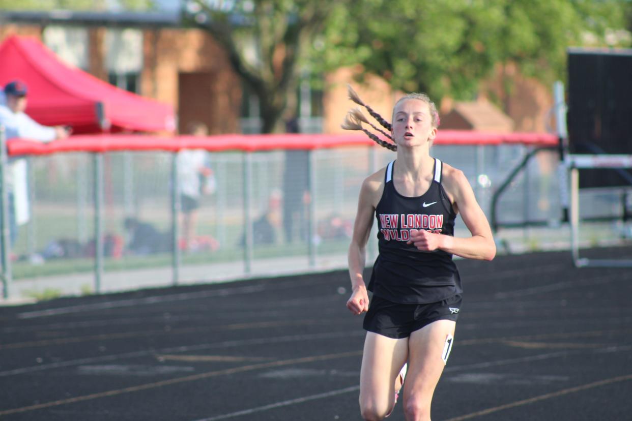 New London's Reese Landis won both the 3200 and 1600 events for the second year in a row at this year's Firelands Conference track meet.