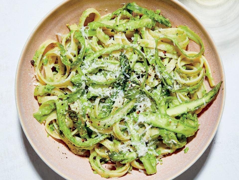 May: Pasta with Shaved Asparagus and Pea Pesto