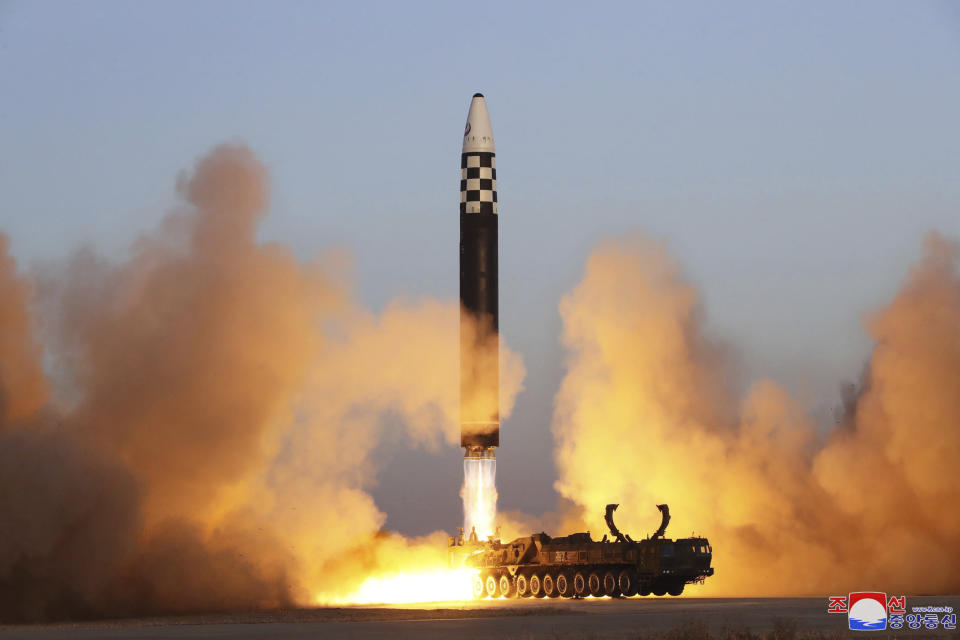 This photo provided by the North Korean government shows what it says is an intercontinental ballistic missile in a launching drill at the Sunan international airport in Pyongyang, North Korea, Thursday, March 16, 2023. Independent journalists were not given access to cover the event depicted in this image distributed by the North Korean government. The content of this image is as provided and cannot be independently verified. Korean language watermark on image as provided by source reads: "KCNA" which is the abbreviation for Korean Central News Agency. (Korean Central News Agency/Korea News Service via AP)