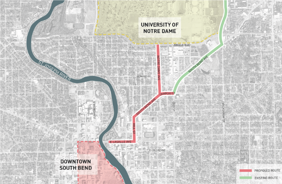 This map shows the route (in red) of the trail that will be built this year between downtown South Bend and the University of Notre Dame. The small linking trail along Campeau Street was built last year.