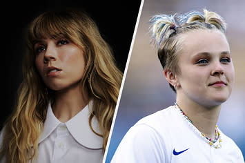 Jennette McCurdy wears a white shirt with an oversized collar. Jojo Siwa poses in a white Nike shirt with her hair in little ponytails.