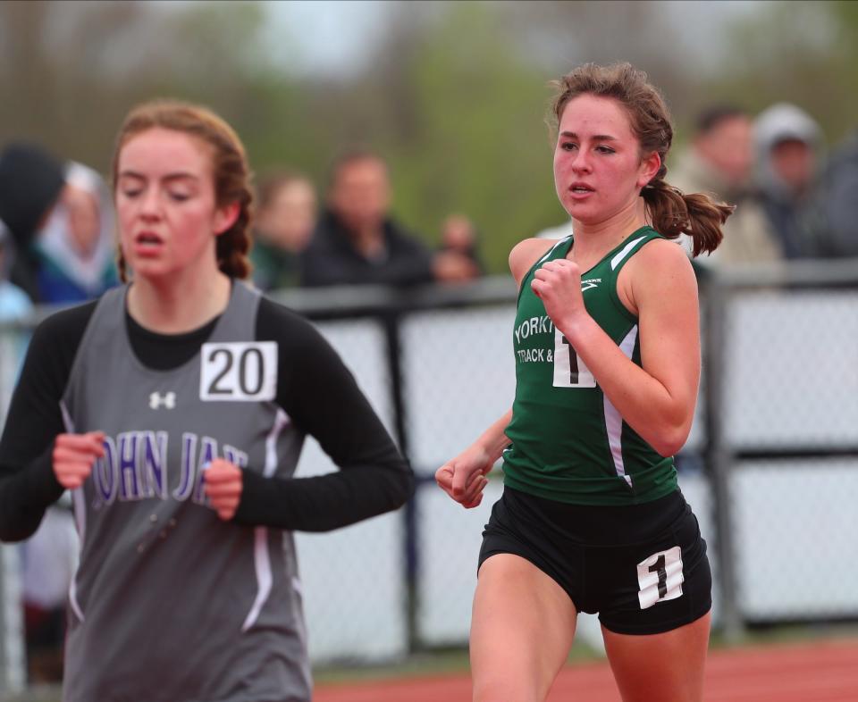 Yorktown's Sydney Leitner runs in the 3000-meter run during day 2 of the Somers Lions Club Joe Wynne Track and Field Invitational at Somers High School in Lincolndale on Saturday, May 7, 2022.