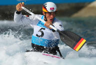 LONDON, ENGLAND - JULY 29: Sideris Tasiadis of Germany competes during the Men's Canoe Single (C1) Slalom heats on Day 2 of the London 2012 Olympic Games at Lee Valley White Water Centre on July 29, 2012 in London, England. (Photo by Phil Walter/Getty Images)