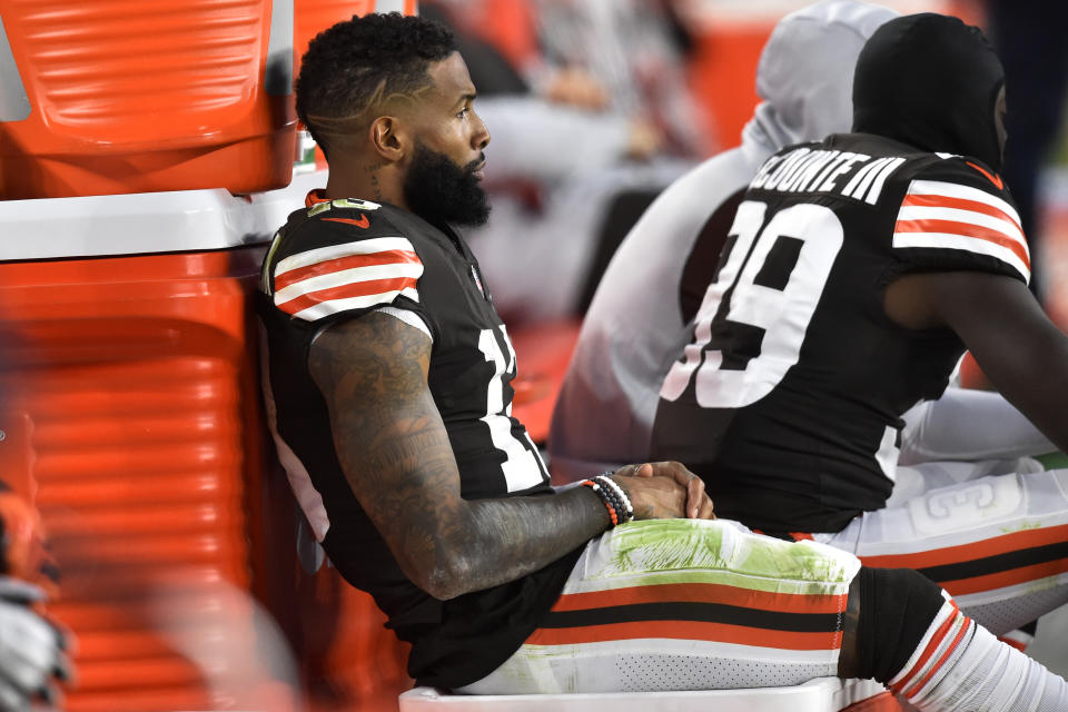 Cleveland Browns wide receiver Odell Beckham Jr. sits on the bench during the second half of an NFL football game against the Arizona Cardinals, Sunday, Oct. 17, 2021, in Cleveland. (AP Photo/David Richard)