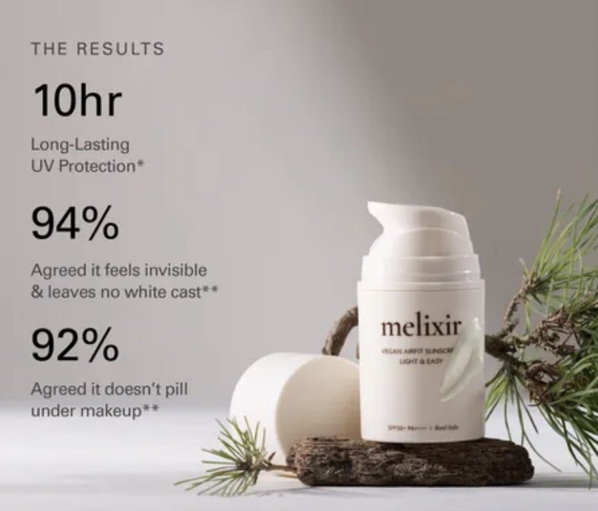 Melixir Vegan Airfit Sunscreen SPF 50+ PA++++. presented with a green branch.
