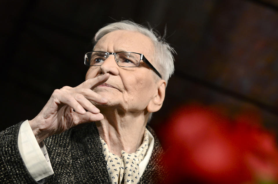 Romanian actor Radu Beligan performs at the National Theatre in Bucharest, Romania, Sunday night, Dec. 15, 2013. Beligan has been declared the world’s oldest active actor at age 95 and celebrated the title, confirmed by Guinness World Records on Sunday, by stepping into the main role of “The Egoist” by French playwright Jean Anouilh, playing aging playwright Leon Saint-Pe for the 330th time.(AP Photo/Silviu Matei/Mediafax) ROMANIA OUT