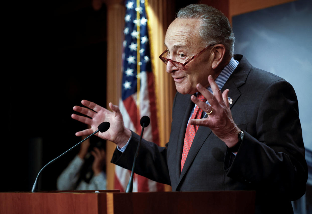 U.S. Senate Majority Leader Chuck Schumer (D-NY), holds a news conference to discuss the expanded Democratic majority in the Senate for the next Congress, on Capitol Hill in Washington, December 7, 2022. REUTERS/Evelyn Hockstein