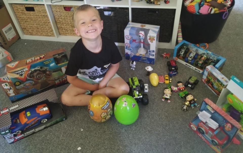 Flybuys winner's son with toys she's bought him. Source: Supplied/ Haylee Mackenzie