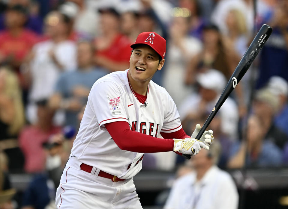 DENVER, COLORADO - JULY 12: Shohei Ohtani #17 of the Los Angeles Angels bats during the 2021 T-Mobile Home Run Derby at Coors Field on July 12, 2021 in Denver, Colorado. (Photo by Dustin Bradford/Getty Images)