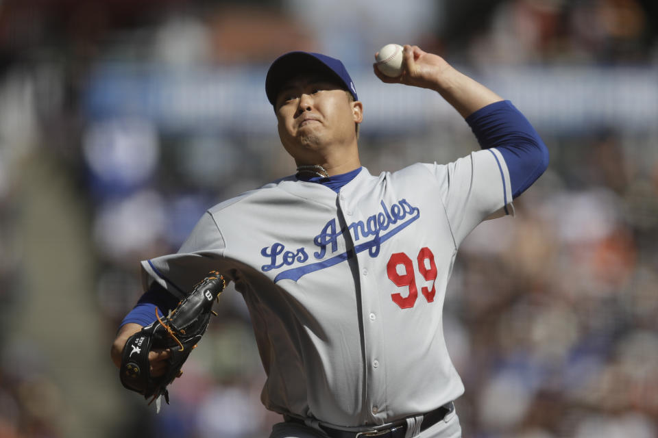 Los Angeles Dodgers pitcher Hyun-Jin Ryu works against the San Francisco Giants in the first inning of a baseball game Saturday, Sept 28, 2019, in San Francisco. (AP Photo/Ben Margot)