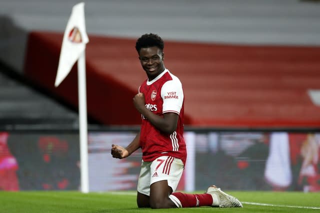 Arsenal’s Bukayo Saka celebrates his goal against Chelsea