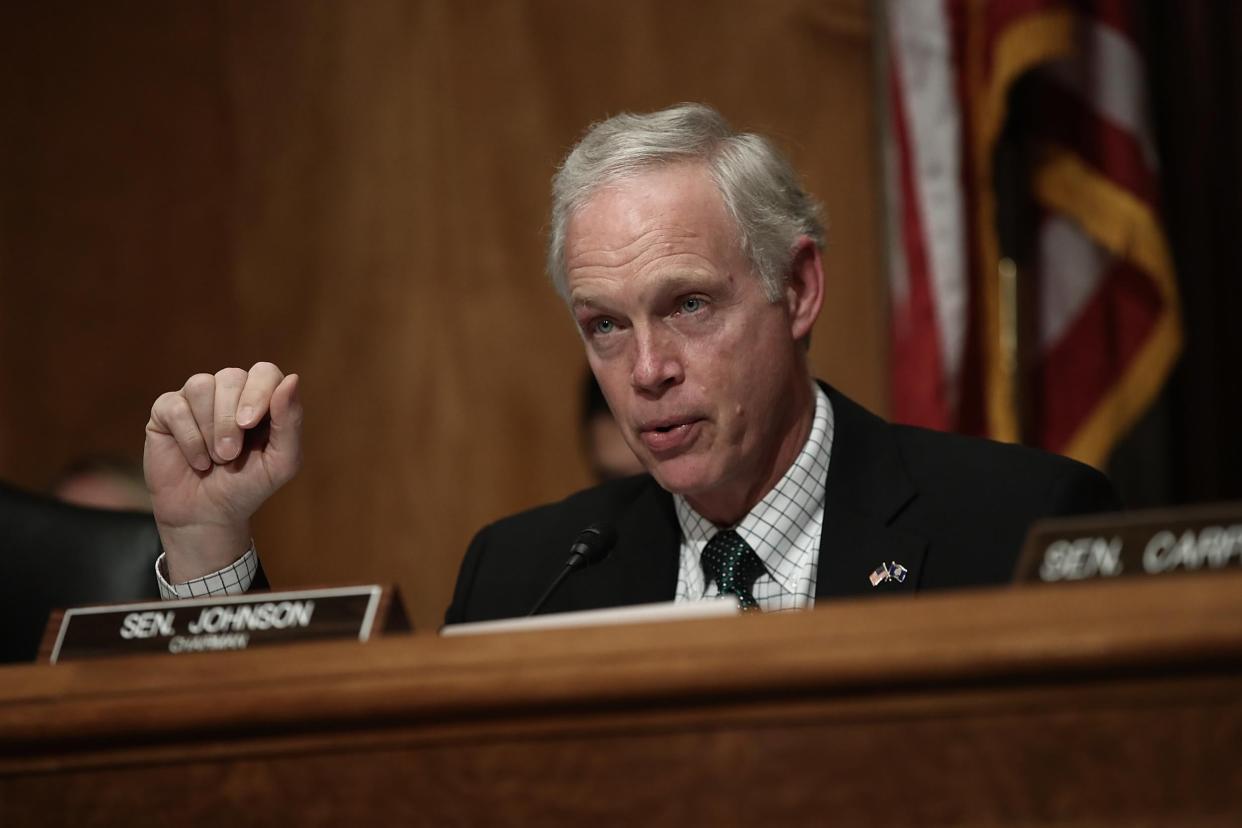 WASHINGTON, DC - JUNE 07: Committee Chairman Sen. Ron Johnson (R-WI) questions Peter Neffenger, administrator of the Transportation Security Administration, during Neffenger's testimony before the Senate Homeland Security and Governmental Affairs Committee June 7, 2016 in Washington, DC. The committee heard testimony on the topic "Frustrated Travelers: Rethinking TSA Operations to Improve Passenger Screening and Address Threats to Aviation." (Photo by Win McNamee/Getty Images)