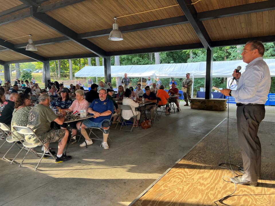 U.S. Rep. David Cicilline addresses an audience of veterans and family members at the Slater Park Pavilion in Pawtucket on Aug. 15.