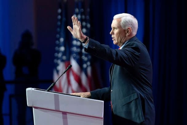 PHOTO: Republican presidential candidate former Vice President Mike Pence speaks during the Faith and Freedom Coalition Policy Conference in Washington, D.C., June 23, 2023. (Jose Luis Magana/AP)